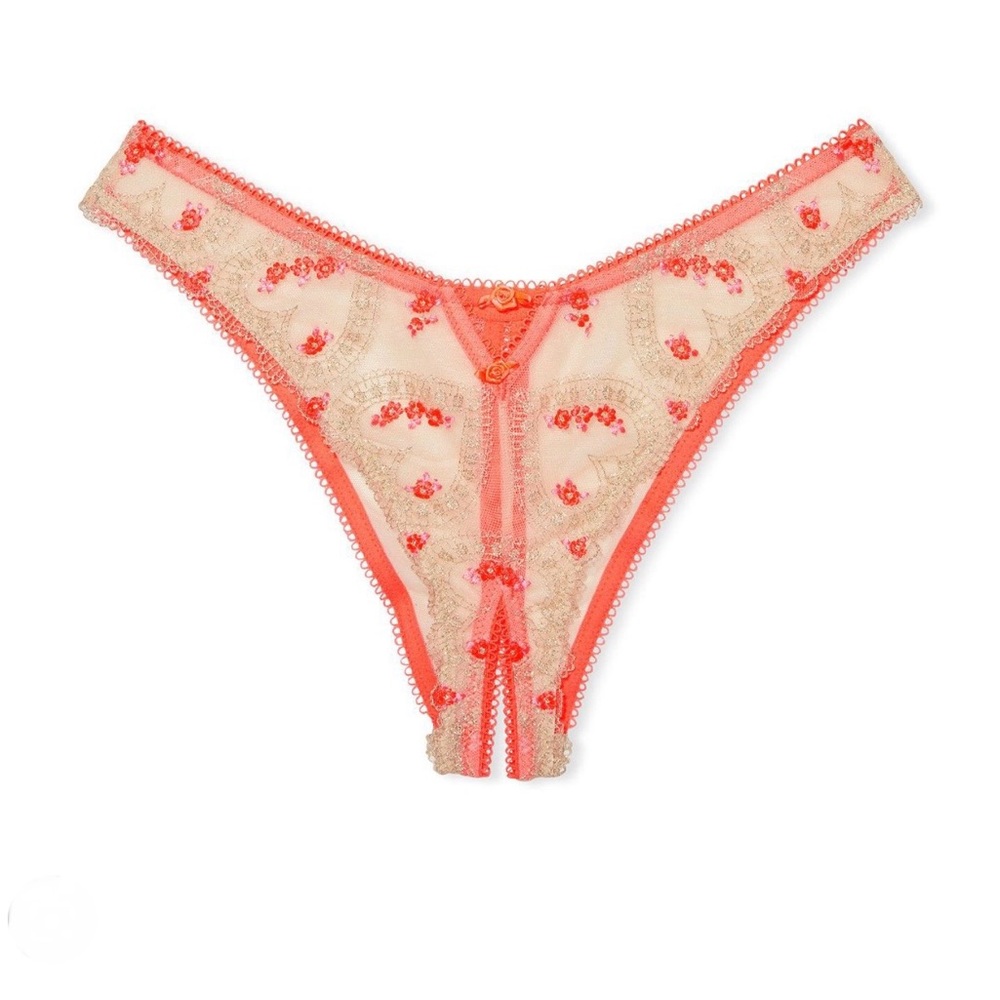 Victoria’s Secret gold shimmering Hearts Embroidered crotchless panty